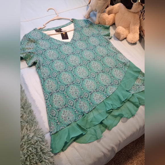 JM Collection Tops - Green Patterned Top with Ruffle Detail